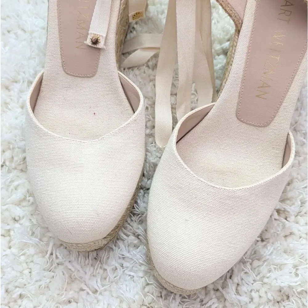 Stuart Weitzman Marguerita Wedge Espadrille Sandals Womens 11.5 White Woven - Picture 4 of 9